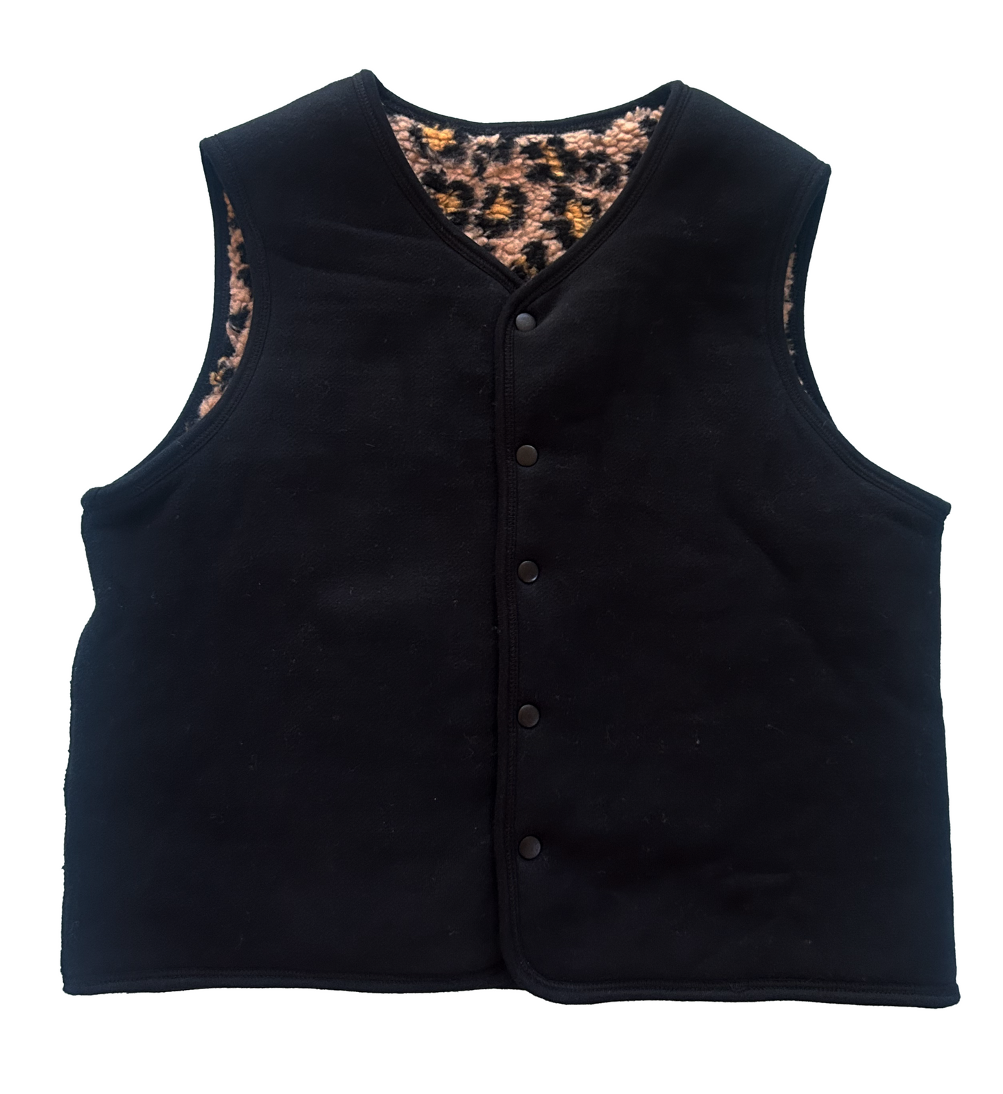 Reversible Vest- Solid Black / Leopard faux fur